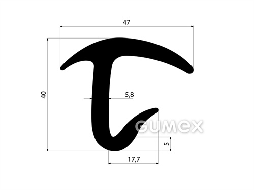 Gumový profil tvaru "T", 40x47/5,8mm, 70°ShA, EPDM, -40°C/+100°C, čierny